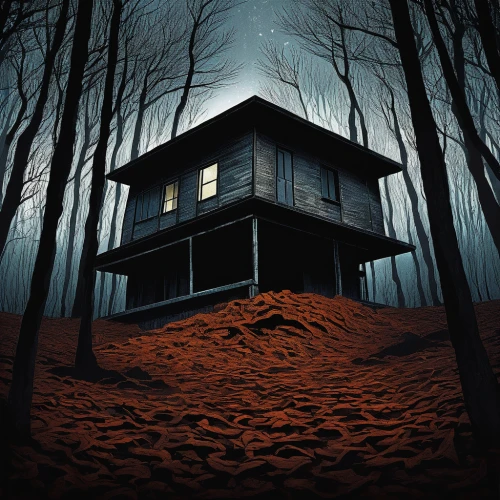 the haunted house,haunted house,house in the forest,witch house,lonely house,creepy house,witch's house,blockhouse,inverted cottage,syringe house,housetop,halloween poster,mystery book cover,house trailer,cube house,abandoned house,house silhouette,house in mountains,the cabin in the mountains,treehouse,Illustration,Realistic Fantasy,Realistic Fantasy 33