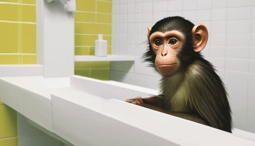 common chimpanzee,chimpanzee,chimp,personal grooming,rhesus macaque,primate,baboon,anthropomorphized animals,cercopithecus neglectus,ape,macaque,barbary monkey,monkey,shower curtain,bonobo,primates,barbary ape,thinking man,hygiene,the thinker,Conceptual Art,Daily,Daily 16