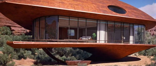 corten steel,futuristic architecture,dunes house,copper rock pear,mid century modern,cubic house,mid century house,eco hotel,cube house,roof domes,archidaily,modern architecture,tree house hotel,futuristic art museum,outdoor structure,jewelry（architecture）,red earth,3d rendering,mexican hat,round house,Illustration,Retro,Retro 04