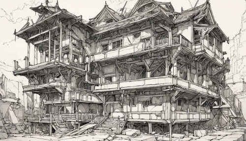 hashima,wooden houses,ruin,apartment house,tenement,witch's house,dilapidated building,house drawing,old home,dilapidated,crooked house,destroyed city,haunted house,hanging houses,the haunted house,slums,half-timbered houses,rubble,old houses,abandoned place,Conceptual Art,Fantasy,Fantasy 08