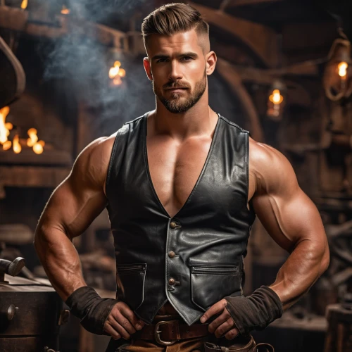 blacksmith,muscle icon,male model,steampunk,hercules,barbarian,vest,lincoln blackwood,male character,leather,brawny,leather texture,gunsmith,jack rose,east-european shepherd,muscular,bartender,men's wear,meat kane,muscular build,Photography,General,Fantasy