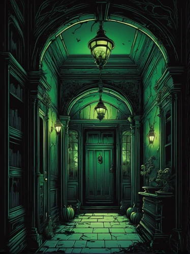 the threshold of the house,creepy doorway,the door,hallway,hall of the fallen,apothecary,cartoon video game background,threshold,backgrounds,abandoned room,ornate room,doorway,absinthe,hallway space,rooms,front door,witch's house,corridor,open door,a dark room,Illustration,Realistic Fantasy,Realistic Fantasy 25