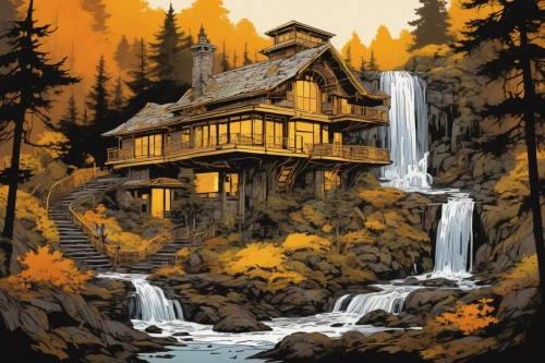 house in the forest,house in mountains,house in the mountains,water mill,the cabin in the mountains,log home,house with lake,cottage,fall landscape,log cabin,summer cottage,autumn idyll,old mill,small cabin,home landscape,ash falls,lodge,autumn landscape,mountain huts,fisherman's house,Illustration,American Style,American Style 06