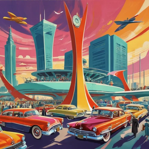 futuristic landscape,60s,retro automobile,car hop,1960's,atomic age,car dealership,retro car,40 years of the 20th century,futuristic car,retro diner,1980s,colorful city,fantasy city,1965,automobiles,1967,skyline,futuristic art museum,retro background,Illustration,Retro,Retro 12