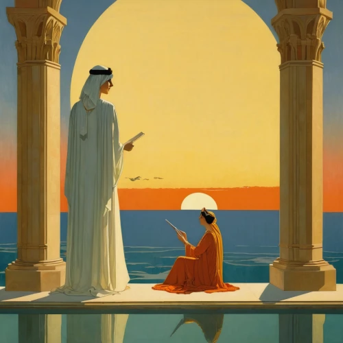 orientalism,rem in arabian nights,orange robes,zoroastrian novruz,monks,dervishes,middle eastern monk,persian gulf,travel poster,quasr al-kharana,accolade,the annunciation,idyll,the death of socrates,oman,persian poet,gulf,aladdin,wise men,omani,Illustration,Retro,Retro 15