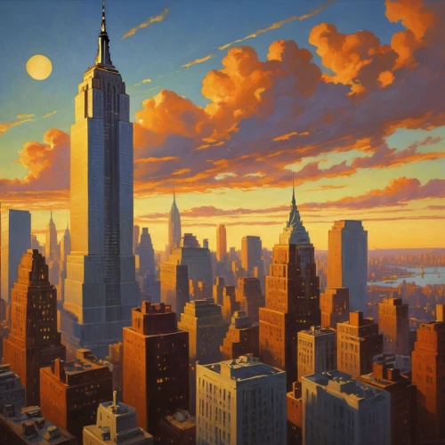 new york skyline,big apple,skycraper,world digital painting,skyscrapers,manhattan skyline,manhattan,chrysler building,new york,city scape,sky city,tall buildings,city skyline,cityscape,evening city,newyork,skyline,skyscraper,empire state building,the skyscraper,Illustration,Retro,Retro 09