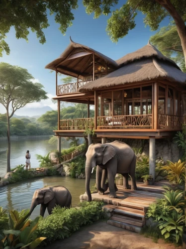 elephant camp,cartoon elephants,african elephants,elephants,stilt house,asian architecture,elephant ride,eco hotel,elephantine,tree house hotel,tropical house,asian elephant,house by the water,stilt houses,african elephant,blue elephant,elephants and mammoths,tropical animals,elephant herd,house with lake,Conceptual Art,Daily,Daily 13