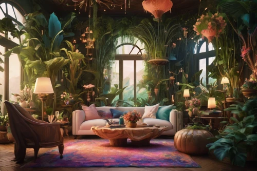 tropical house,house plants,living room,conservatory,dandelion hall,tropical jungle,livingroom,houseplant,sitting room,interiors,indoor,interior design,royal palms,jungle,ornate room,cabana,exotic plants,the living room of a photographer,decor,interior decor,Illustration,Realistic Fantasy,Realistic Fantasy 37