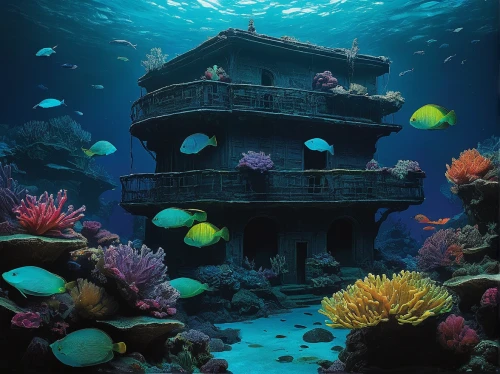 sunken church,house of the sea,underwater playground,ocean underwater,underwater landscape,aquarium,coral reef,marine tank,underwater oasis,reef tank,underwater world,coral reefs,sea life underwater,cube sea,aquarium decor,under the sea,ocean floor,under sea,underwater background,fish tank,Art,Classical Oil Painting,Classical Oil Painting 30