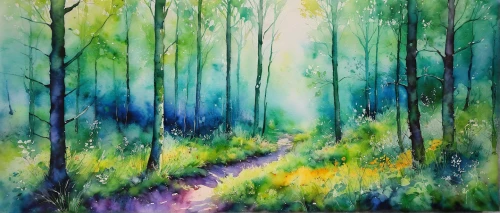 forest landscape,forest of dreams,forest path,fairy forest,forest glade,forest road,forest background,mixed forest,birch forest,forest walk,watercolor background,enchanted forest,the forest,elven forest,forest,meadow in pastel,green forest,fir forest,bluebells,forest floor,Illustration,Paper based,Paper Based 15
