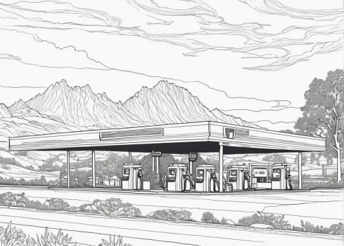 gas-station,gas station,electric gas station,e-gas station,filling station,truck stop,petrol pump,convenience store,gas pump,retro diner,matruschka,car drawing,bus shelters,liquor store,mountain station,shasta,petronas,petrolium,busstop,auto repair shop,Illustration,Black and White,Black and White 21