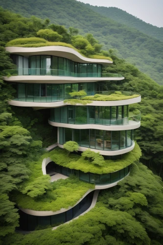 japanese architecture,chinese architecture,asian architecture,futuristic architecture,green living,south korea,green landscape,eco hotel,green forest,green trees,green waterfall,terraced,dunes house,green trees with water,house in the forest,modern architecture,terraces,house in mountains,roof landscape,futuristic landscape,Illustration,Paper based,Paper Based 15