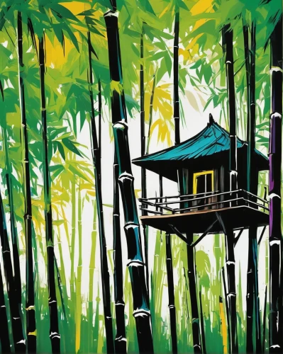 bamboo forest,bamboo plants,hawaii bamboo,bamboo,stilt house,stilt houses,tropical house,huts,backwaters,golden pavilion,floating huts,the golden pavilion,david bates,rainforest,amazonian oils,rice paddies,treehouse,house in the forest,house painting,gazebo,Art,Artistic Painting,Artistic Painting 42