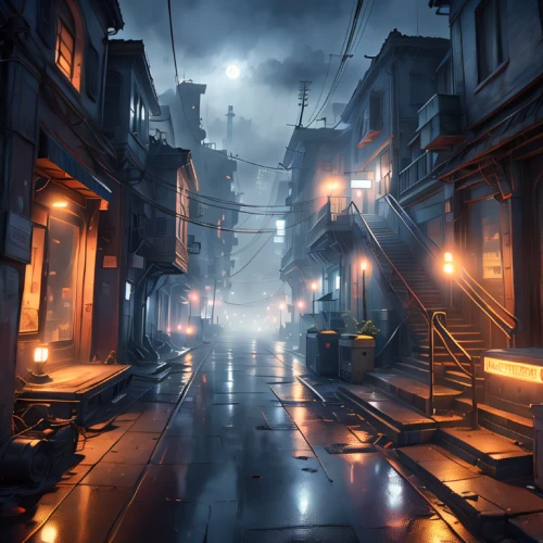 alleyway,old linden alley,alley,narrow street,visual effect lighting,game art,atmosphere,blind alley,rescue alley,atmospheric,black city,development concept,destroyed city,concept art,street lights,street canyon,action-adventure game,the street,evening atmosphere,digital compositing