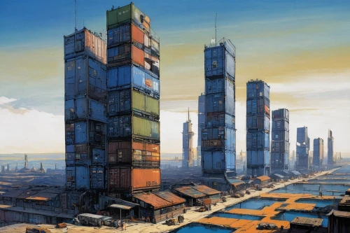 high-rises,skyscrapers,high rises,skyscraper town,urban towers,tall buildings,skyscraper,the skyscraper,stalin skyscraper,high-rise building,industrial landscape,kowloon,container cranes,city blocks,metropolis,urban development,urbanization,dystopian,stalinist skyscraper,cube stilt houses,Illustration,Realistic Fantasy,Realistic Fantasy 06