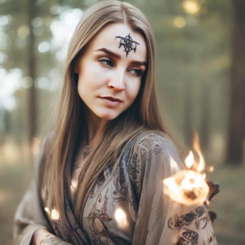 sorceress,elven,priestess,elven flower,paganism,shamanism,shamanic,wood elf,shaman,mystical portrait of a girl,runes,anahata,druid,light bearer,fire angel,magic grimoire,flickering flame,divination,the enchantress,witches pentagram
