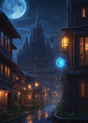 night scene,moonlit night,fantasy city,aurora village,fantasy landscape,moonlit,spa town,evening atmosphere,wooden houses,hogwarts,fantasy picture,old town,city at night,world digital painting,night image,halloween background,at night,medieval town,nightscape,street lamps,Illustration,Realistic Fantasy,Realistic Fantasy 27