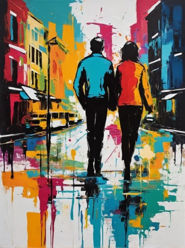 pedestrians,pedestrian,oil painting on canvas,painting technique,two people,people walking,young couple,art painting,colorful city,dancing couple,a pedestrian,walking in the rain,street artists,oil painting,italian painter,couple silhouette,man and woman,oil on canvas,intense colours,colorful life,Art,Artistic Painting,Artistic Painting 42