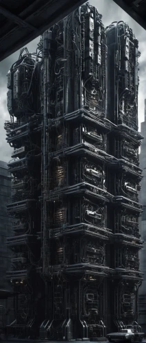 mining facility,highrise,high rises,district 9,storage,industrial ruin,apartment block,hashima,the server room,high-rises,very large floating structure,tower of babel,stacked containers,monolith,fortress,high-rise,dystopian,panopticon,data center,cooling tower,Conceptual Art,Sci-Fi,Sci-Fi 09