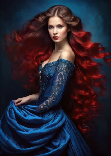 blue enchantress,celtic woman,blue rose,blue moon rose,fantasy art,mystical portrait of a girl,fairy tale character,red-haired,fantasy portrait,mazarine blue,fairy queen,celtic queen,fantasy picture,romantic portrait,mermaid background,redhead doll,mystique,fantasy woman,faery,ball gown,Photography,Documentary Photography,Documentary Photography 32