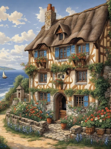 summer cottage,fisherman's house,cottage,house by the water,wooden house,home landscape,wooden houses,beautiful home,half-timbered house,seaside country,crooked house,traditional house,country cottage,little house,house of the sea,robin hood's bay,popeye village,ancient house,house with lake,private house,Illustration,Realistic Fantasy,Realistic Fantasy 42