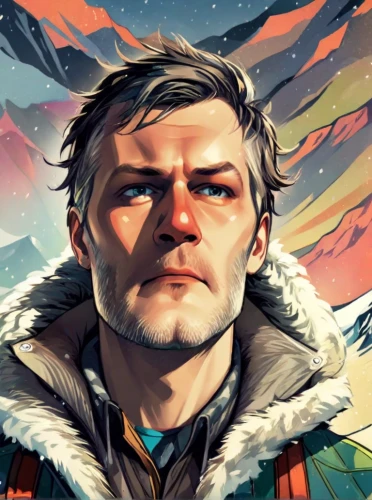 star-lord peter jason quill,fjord,mountain guide,denali,ushuaia,would a background,eskimo,iceman,cg artwork,portrait background,eiger,himalaya,the spirit of the mountains,game illustration,background image,tundra,eggishorn,game art,parka,rainbow background