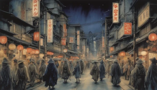 shinjuku,world digital painting,asakusa,tsukemono,japanese art,china town,night scene,izakaya,tokyo,ginza,street scene,kowloon,chinese art,sci fiction illustration,lanterns,tokyo city,cool woodblock images,oriental painting,monks,ancient parade,Illustration,Realistic Fantasy,Realistic Fantasy 14