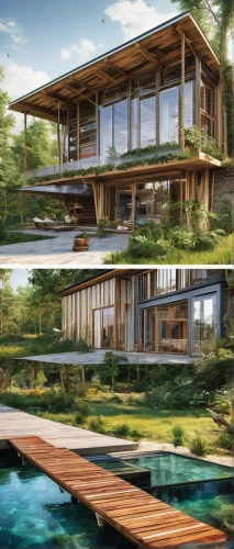 floating huts,house by the water,house with lake,dunes house,3d rendering,modern house,pool house,stilt house,modern architecture,eco hotel,timber house,luxury property,aqua studio,eco-construction,tropical house,stilt houses,floating islands,summer house,mid century house,chalet,Illustration,Paper based,Paper Based 04