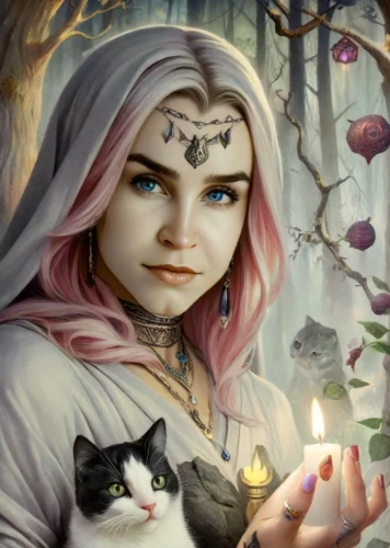 fae,fantasy portrait,fantasy picture,fantasy art,cat sparrow,ritriver and the cat,elven,fortune teller,kat,the enchantress,sorceress,elven flower,eglantine,triquetra,summoner,mystical portrait of a girl,tea party cat,runes,magic grimoire,fairy tale character