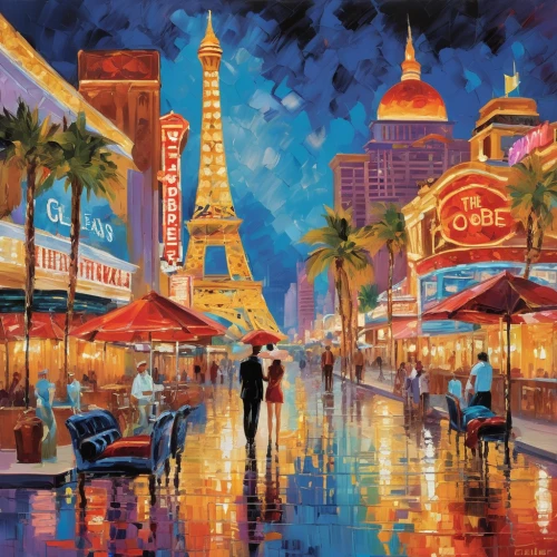 universal exhibition of paris,las vegas entertainer,art painting,man with umbrella,colorful city,las vegas,post impressionist,night scene,vegas,post impressionism,city scape,oil painting on canvas,oil painting,cityscape,paris cafe,ann margarett-hollywood,usa landmarks,monsoon,boulevard,paris clip art,Conceptual Art,Oil color,Oil Color 10