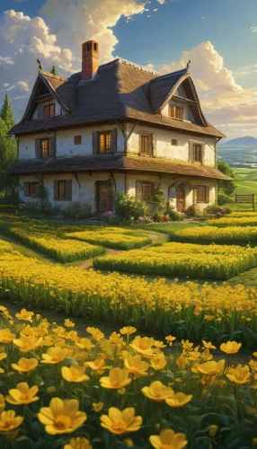 home landscape,sunflower field,country house,violet evergarden,dandelion meadow,yellow grass,clover meadow,summer meadow,yellow garden,farm house,blooming field,meadow landscape,dandelion hall,country cottage,dandelion field,beautiful home,farmhouse,studio ghibli,flower field,spring meadow,Photography,General,Natural