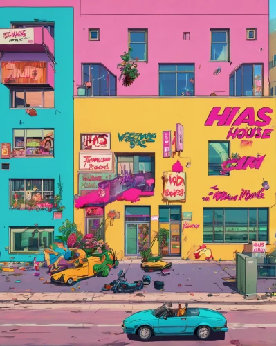 colorful city,miami,gas-station,harajuku,vhs,car hop,flower shop,busan,los angeles,80s,gas station,oasis,hues,e-gas station,aesthetic,suburb,store front,toyota ft-hs,neon arrows,convenience store,Illustration,Vector,Vector 19