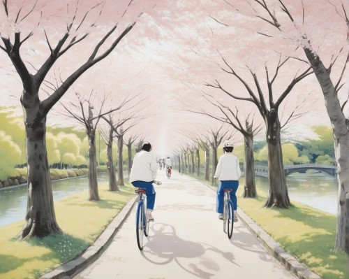 cherry blossom tree-lined avenue,sakura trees,takato cherry blossoms,bicycle ride,bicycle path,japanese sakura background,the cherry blossoms,cherry trees,artistic cycling,bike path,japanese cherry trees,bicycle riding,bicycling,cherry blossoms,cycling,sakura background,bicycles,bicycle lane,cyclists,bike ride,Illustration,Retro,Retro 21