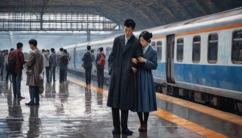 the girl at the station,south korea subway,man with umbrella,korea subway,japanese umbrellas,asian umbrella,korail,japanese umbrella,international trains,last train,conductor,train of thought,long-distance train,conceptual photography,social distance,the train station,osaka station,the train,long-distance transport,korea,Conceptual Art,Oil color,Oil Color 05