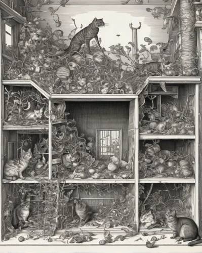 home destruction,fox stacked animals,hunting scene,kennel,escher,fallout shelter,kennel club,rescue alley,pet shop,fox and hare,book illustration,rubble,children's room,farmyard,rodents,the wolf pit,environmental destruction,woodland animals,dante's inferno,destroyed area,Illustration,Black and White,Black and White 27