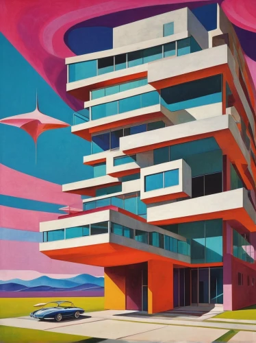 mid century modern,mid century,apartment block,futuristic architecture,contemporary,apartment building,modern architecture,mid century house,futuristic landscape,apartment blocks,matruschka,condominium,apartments,60s,futuristic art museum,art deco,brutalist architecture,block of flats,an apartment,condo,Illustration,Realistic Fantasy,Realistic Fantasy 39