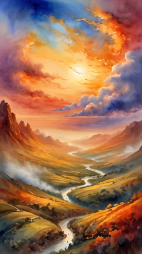 fantasy landscape,landscape background,desert landscape,volcanic landscape,desert desert landscape,panoramic landscape,mountain landscape,high landscape,mountainous landscape,river landscape,dune landscape,world digital painting,landscapes,mountain sunrise,nature landscape,landscape,arid landscape,natural landscape,watercolor background,mountain scene,Illustration,Paper based,Paper Based 24