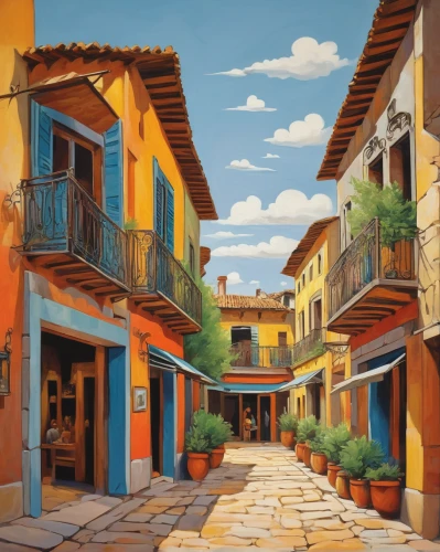 tuscan,zona colonial,santa fe,hacienda,albuquerque,spanish tile,italian painter,colored pencil background,terracotta tiles,houses clipart,nicaraguan cordoba,pueblo,antigua,street scene,townhouses,world digital painting,wooden houses,old town,old city,mediterranean,Art,Artistic Painting,Artistic Painting 05