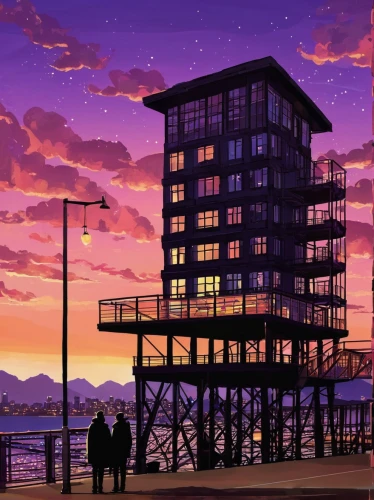 boardwalk,lifeguard tower,docks,wharf,dusk background,seaside resort,house silhouette,osomatsu,sky apartment,wooden pier,evangelion eva 00 unit,gunkanjima,beachhouse,waterfront,the waterfront,dock,house by the water,lookout tower,background screen,dusk,Illustration,Paper based,Paper Based 27