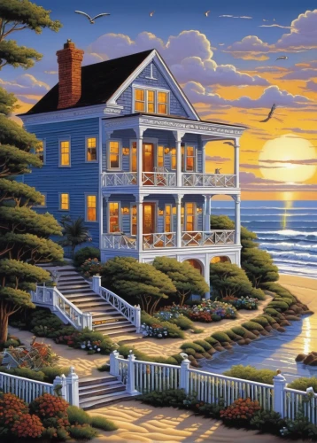 home landscape,summer cottage,house by the water,fisherman's house,coastal landscape,cottage,seaside country,seaside resort,cape cod,new england style house,house with lake,seaside view,beach house,beach landscape,maine,dunes house,new england,house painting,sea landscape,house of the sea,Conceptual Art,Daily,Daily 33