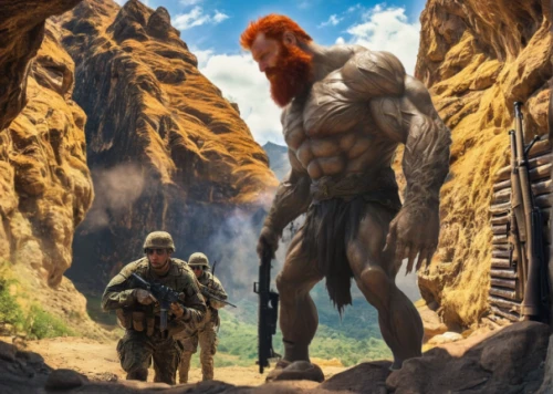 guards of the canyon,fallen giants valley,warrior and orc,travelers,sci fiction illustration,heroic fantasy,cave man,concept art,he-man,size comparison,ginger family,neo-stone age,greyskull,game illustration,kong,background image,fantasy picture,world digital painting,neanderthals,game art