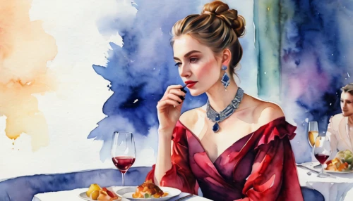 woman at cafe,fashion illustration,watercolor cafe,watercolor women accessory,fine dining restaurant,watercolor wine,food and wine,watercolor painting,woman eating apple,art painting,mediterranean cuisine,italian painter,bistrot,meticulous painting,dining,woman drinking coffee,sicilian cuisine,woman with ice-cream,women at cafe,romantic dinner