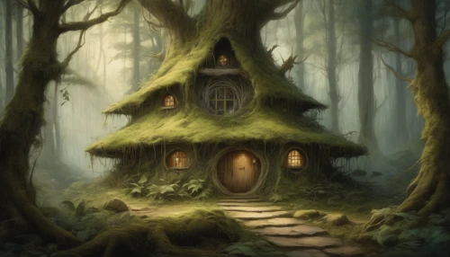 house in the forest,witch's house,fairy house,witch house,tree house,little house,fairy door,ancient house,treehouse,small house,lonely house,wooden house,fairy village,crooked house,the threshold of the house,tree house hotel,fairy forest,log home,fairy chimney,elven forest,Illustration,Realistic Fantasy,Realistic Fantasy 14