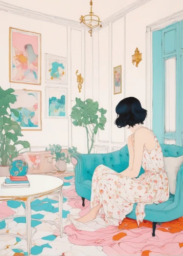 pastel colors,soft pastel,blue room,pastels,the little girl's room,palette,mari makinami,girl studying,peonies,shirakami-sanchi,apartment,peony,meticulous painting,woman sitting,color palette,pastel,watercolor background,an apartment,peony frame,livingroom,Illustration,Paper based,Paper Based 19
