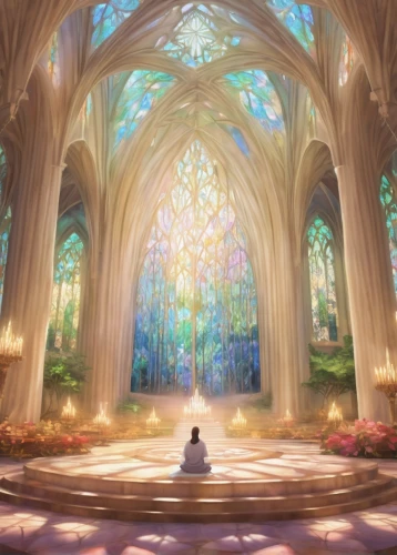 violet evergarden,sanctuary,holy forest,dandelion hall,forest chapel,fairy world,the pillar of light,a fairy tale,holy place,hall of the fallen,everlasting flowers,flowers celestial,fairy tale,spiritual environment,dream world,heaven gate,fairytale,sacred lotus,cathedral,fantasy world,Conceptual Art,Fantasy,Fantasy 31