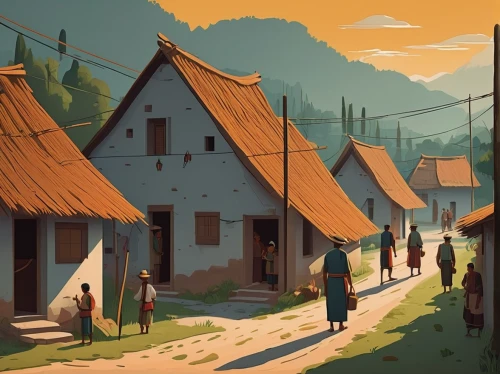 wooden houses,village life,villages,villagers,village scene,pilgrims,knight village,mountain village,escher village,cottages,aurora village,row of houses,game illustration,hanging houses,korean folk village,transylvania,medieval street,nomads,alpine village,houses silhouette,Illustration,Vector,Vector 05