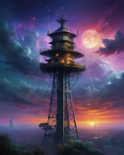 watertower,skyflower,observation tower,fantasy landscape,fire tower,watchtower,tower fall,ori-pei,water tower,fantasy picture,lookout tower,beacon,spire,lighthouse,electric tower,world digital painting,tower,fantasy world,cellular tower,sky city,Conceptual Art,Daily,Daily 32