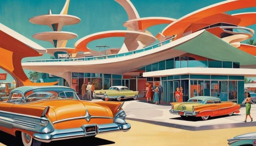 retro diner,atomic age,car dealership,drive in restaurant,mid century,electric gas station,mid century modern,car hop,edsel,car showroom,fifties,gas-station,edsel bermuda,futuristic landscape,gas station,car dealer,1955 montclair,futuristic art museum,futuristic architecture,art deco,Illustration,Retro,Retro 12