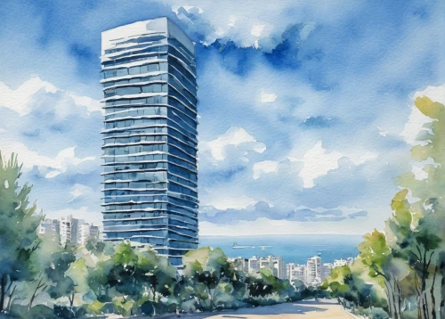 costanera center,residential tower,high-rise building,the skyscraper,skyscapers,skyscraper,international towers,renaissance tower,high rise,high-rise,skyscrapers,tel aviv,vedado,sky apartment,watercolor sketch,pc tower,urban towers,watercolor blue,burj kalifa,highrise,Illustration,Japanese style,Japanese Style 09