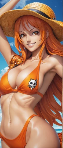 nami,straw hat,onepiece,one piece,one-piece swimsuit,straw hats,beach background,orange,白斩鸡,anime 3d,la catrina,sun hat,orange color,high sun hat,烧乳鸽,summer background,pirate,beach towel,beach scenery,orangina,Conceptual Art,Fantasy,Fantasy 03